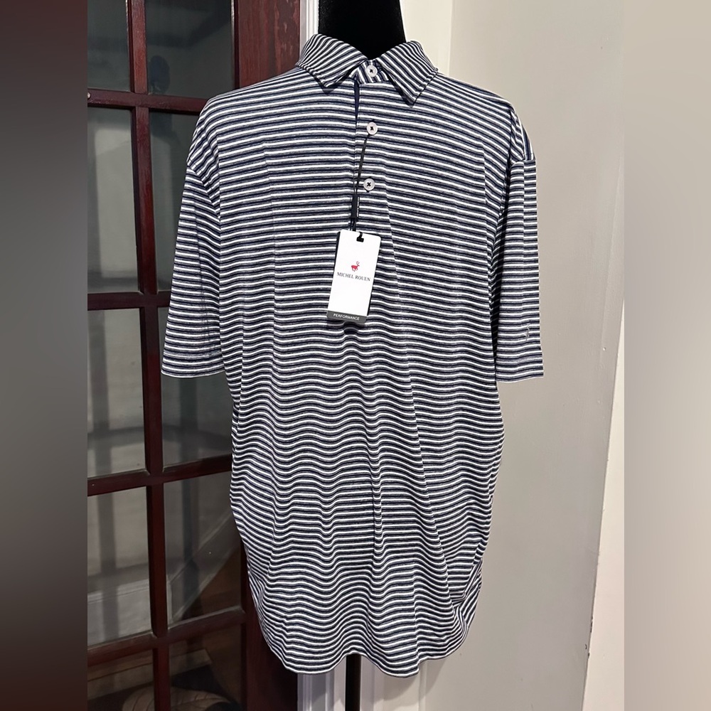 New Michel Rouen Men’s Short Sleeve Performance Polo Navy Stripe Golf Shirt (L)
